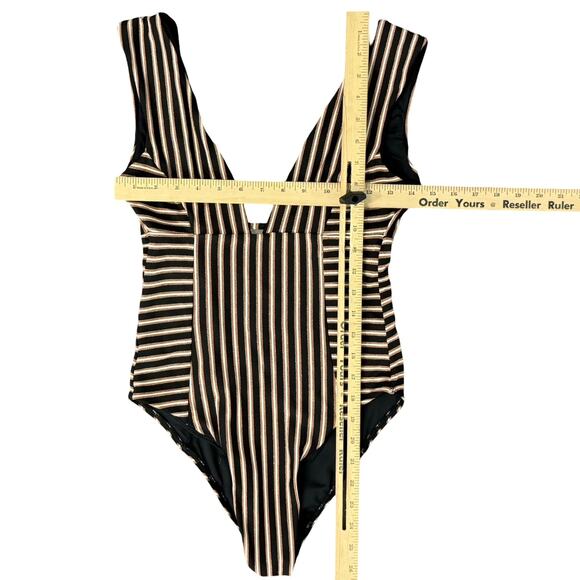 L Space Black Rose Gold White Striped Deep V Neck One Piece Swimsuit size 4 - Picture 3 of 11